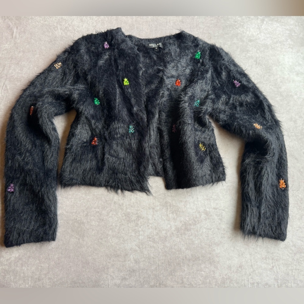 Beulah style Black fleece cropped sweater, with colorful teddy bear details.